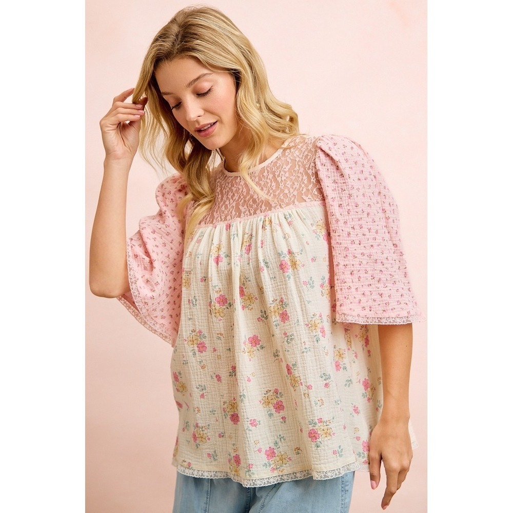 BiBi Crinkle Floral Gauze Mix And Matched Blouse Top - Cream/Pink - Medium - Picture 5 of 11